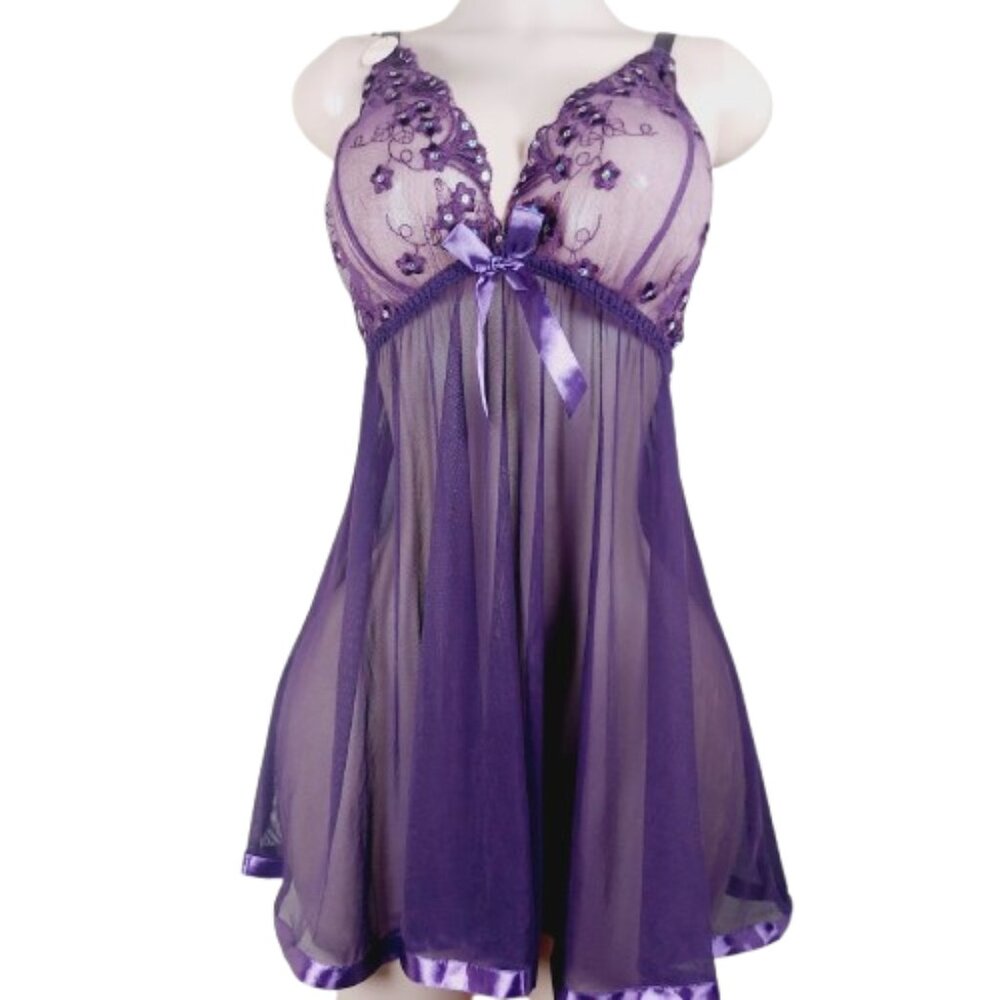 Spree Intimates Women's Purple Floral Sheer Babydoll Dress with Panty Size 1X